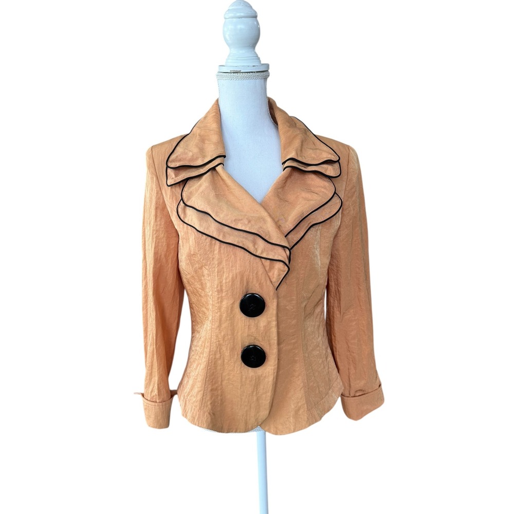Paola Poggi Italy Orange Textured Blazer Jacket Ruffled Collar‎ IT 38 Vintage